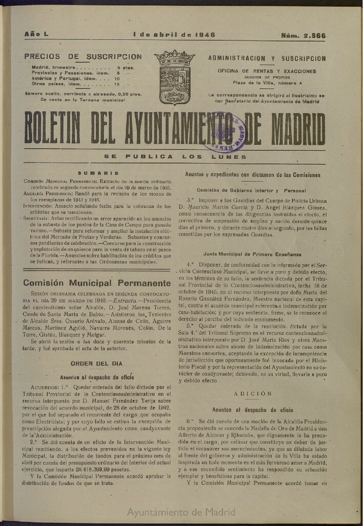 Miniatura de Boletín Oficial del Ayuntamiento de Madrid del 1 de abril de 1946, nº 2566