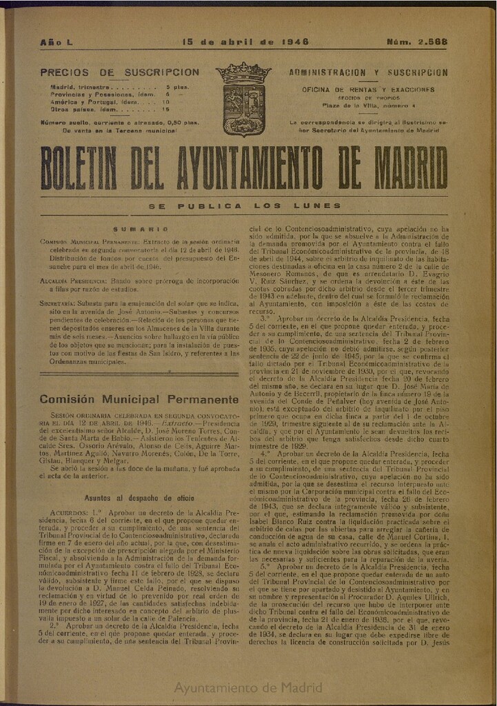 Miniatura de Boletín Oficial del Ayuntamiento de Madrid del 15 de abril de 1946, nº 2568