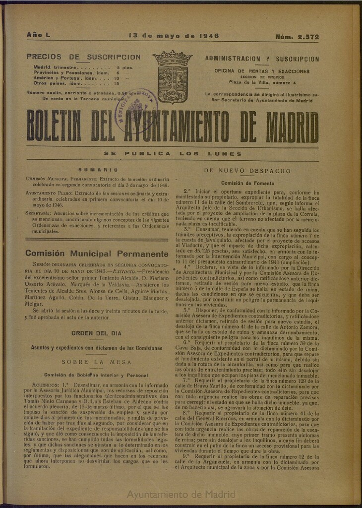 Miniatura de Boletín Oficial del Ayuntamiento de Madrid del 13 de mayo de 1946, nº 2572