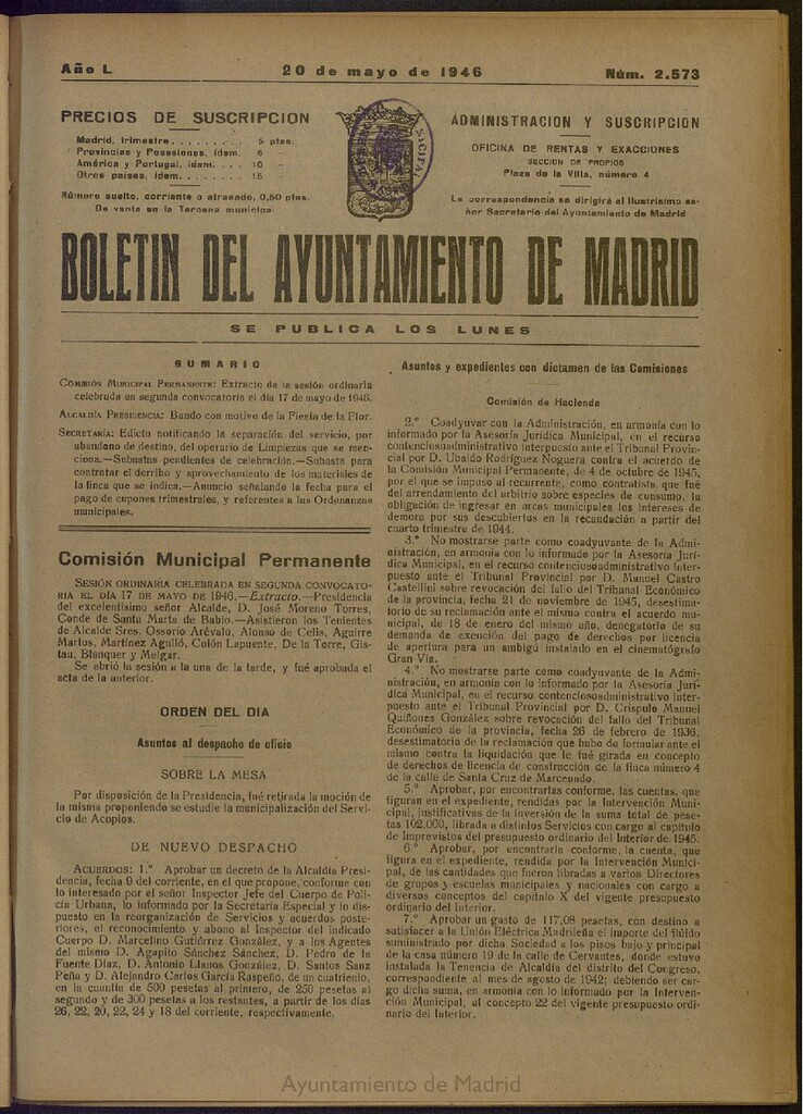 Miniatura de Boletín Oficial del Ayuntamiento de Madrid del 20 de mayo de 1946, nº 2573