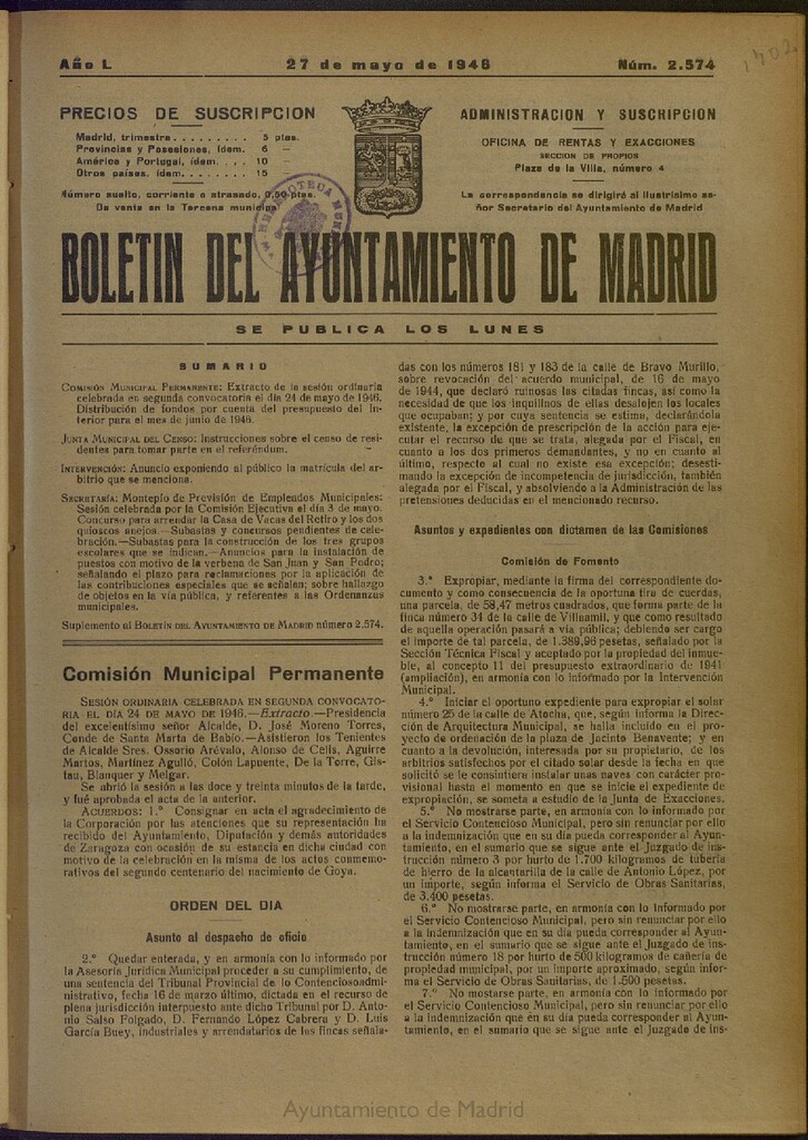 Miniatura de Boletín Oficial del Ayuntamiento de Madrid del 27 de mayo de 1946, nº 2574