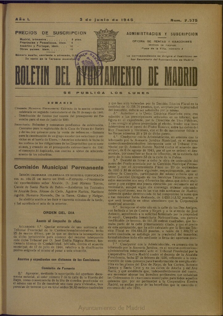 Miniatura de Boletín Oficial del Ayuntamiento de Madrid del 3 de junio de 1946, nº 2575