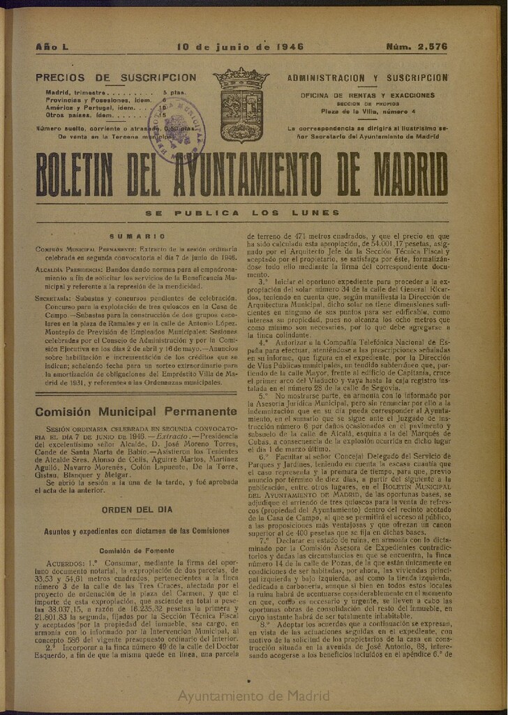 Miniatura de Boletín Oficial del Ayuntamiento de Madrid del 10 de junio de 1946, nº 2576