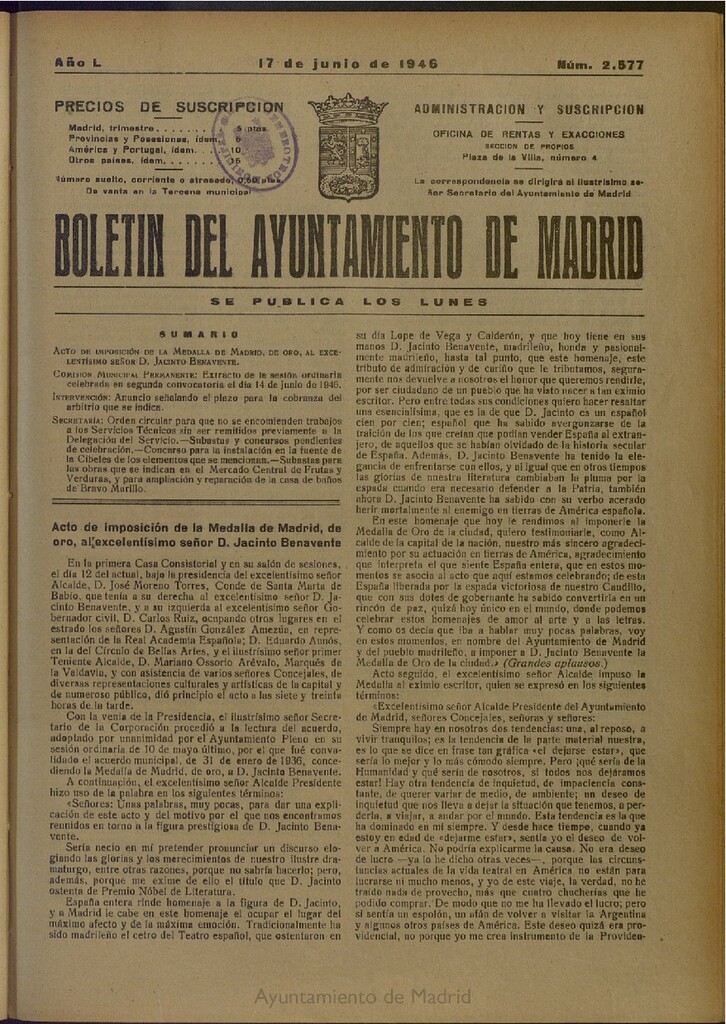 Miniatura de Boletín Oficial del Ayuntamiento de Madrid del 17 de junio de 1946, nº 2577