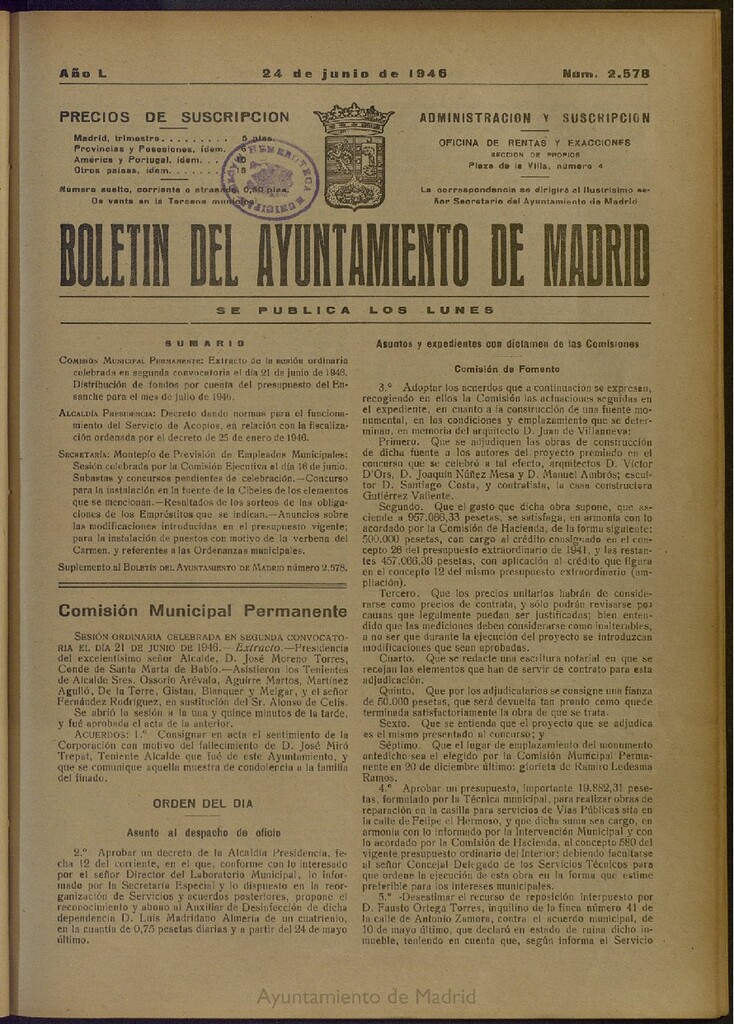 Miniatura de Boletín Oficial del Ayuntamiento de Madrid del 24 de junio de 1946, nº 2578