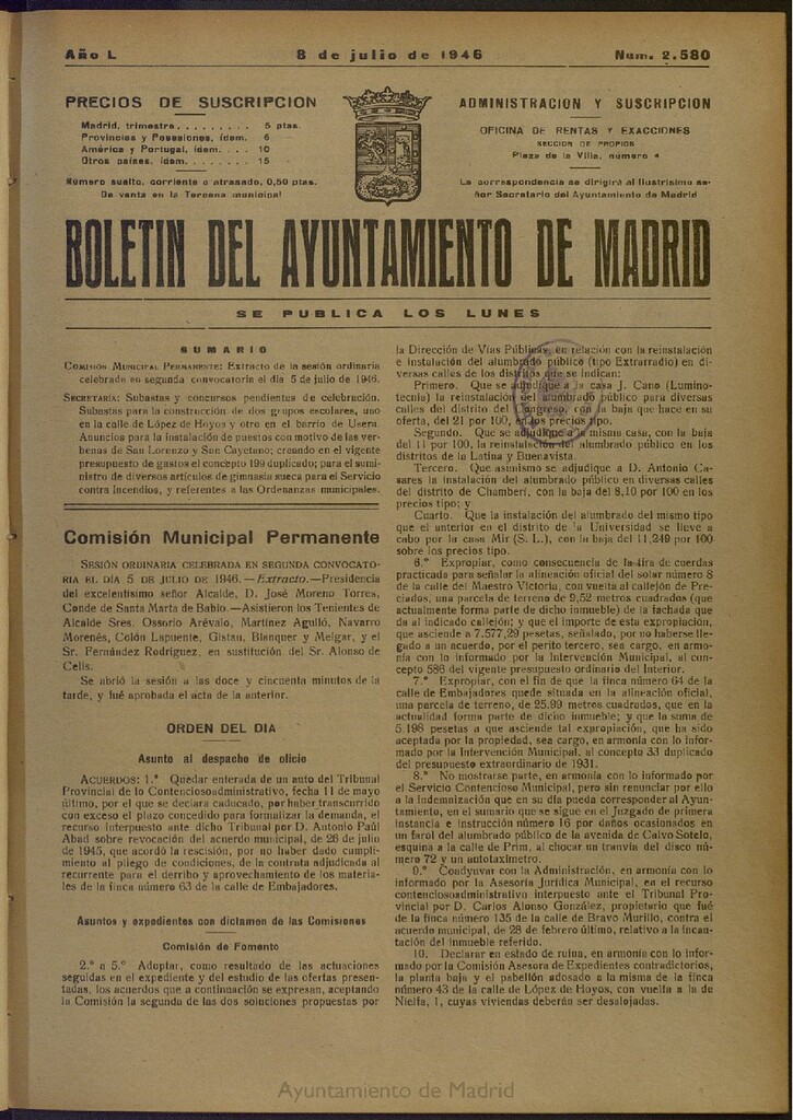 Miniatura de Boletín Oficial del Ayuntamiento de Madrid del 8 de julio de 1946, nº 2580