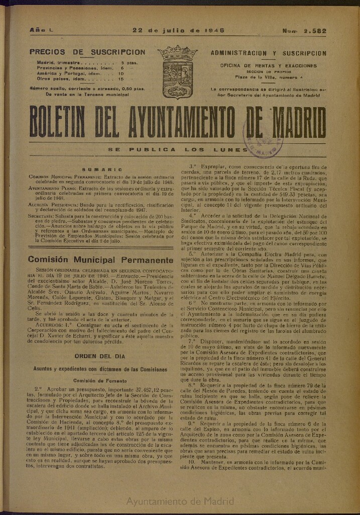 Miniatura de Boletín Oficial del Ayuntamiento de Madrid del 22 de julio de 1946, nº 2582