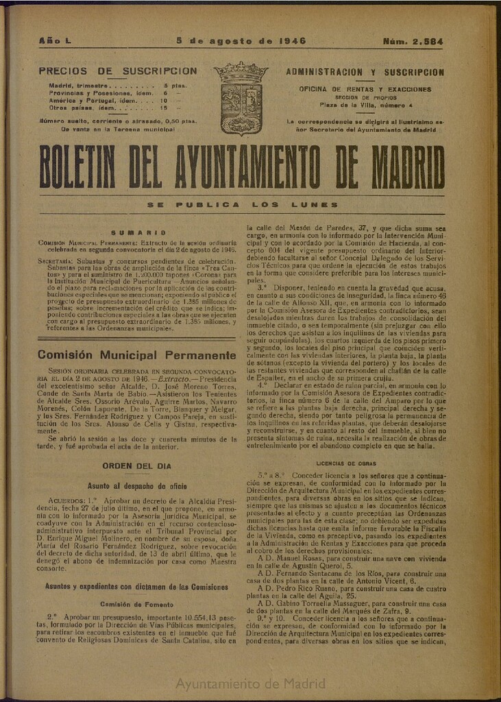 Miniatura de Boletín Oficial del Ayuntamiento de Madrid del 5 de agosto de 1946, nº 2584