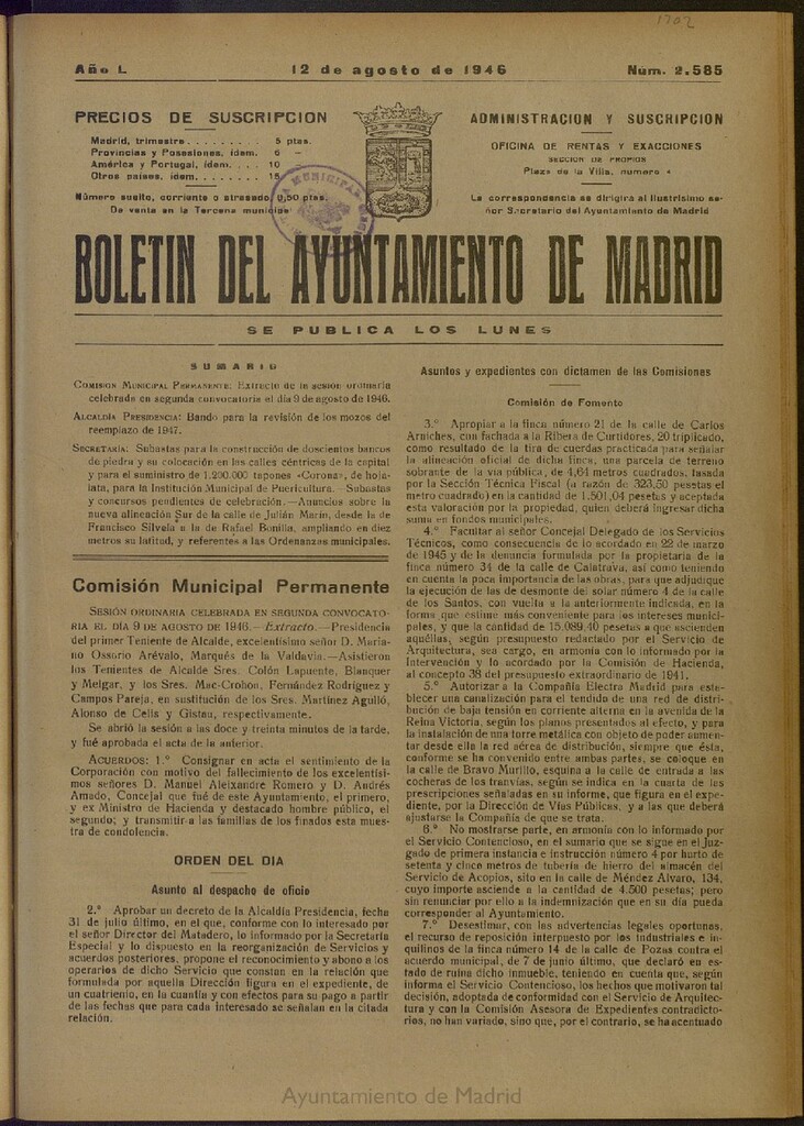Miniatura de Boletín Oficial del Ayuntamiento de Madrid del 12 de agosto de 1946, nº 2585