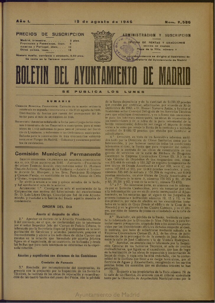 Miniatura de Boletín Oficial del Ayuntamiento de Madrid del 19 de agosto de 1946, nº 2586