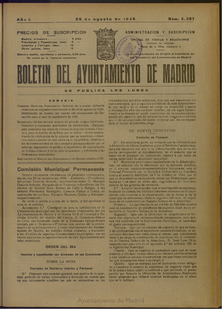 Miniatura de Boletín Oficial del Ayuntamiento de Madrid del 26 de agosto de 1946, nº 2587