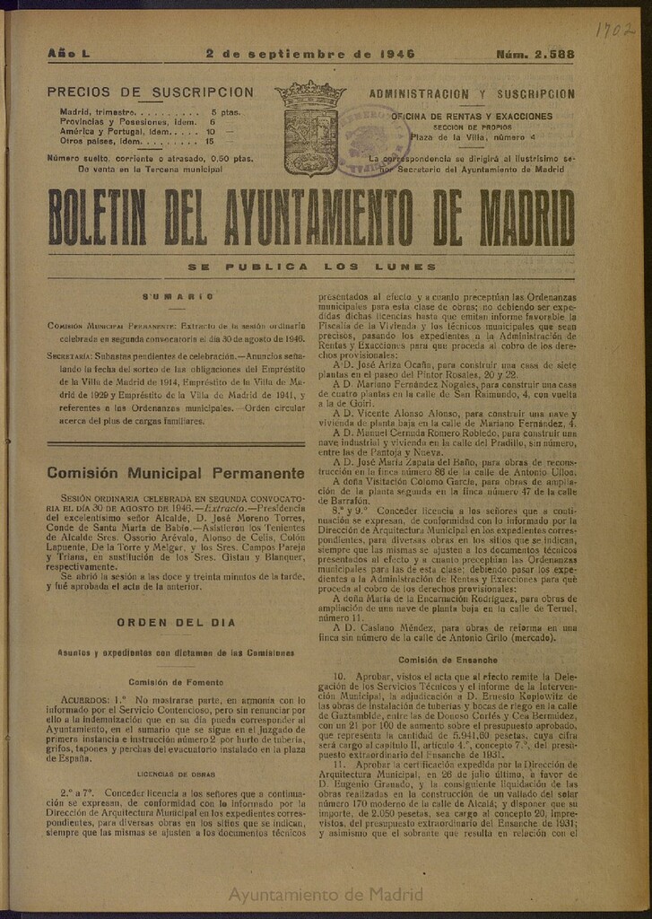 Miniatura de Boletín Oficial del Ayuntamiento de Madrid del 2 de septiembre de 1946, nº 2588