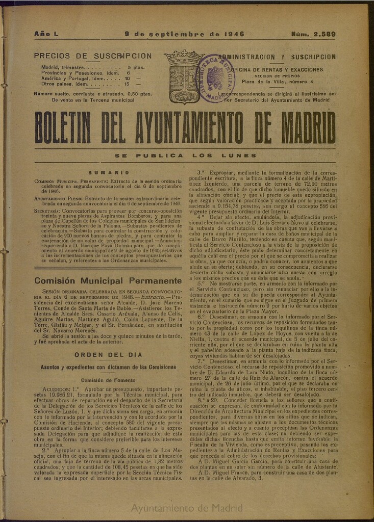 Miniatura de Boletín Oficial del Ayuntamiento de Madrid del 9 de septiembre de 1946, nº 2589
