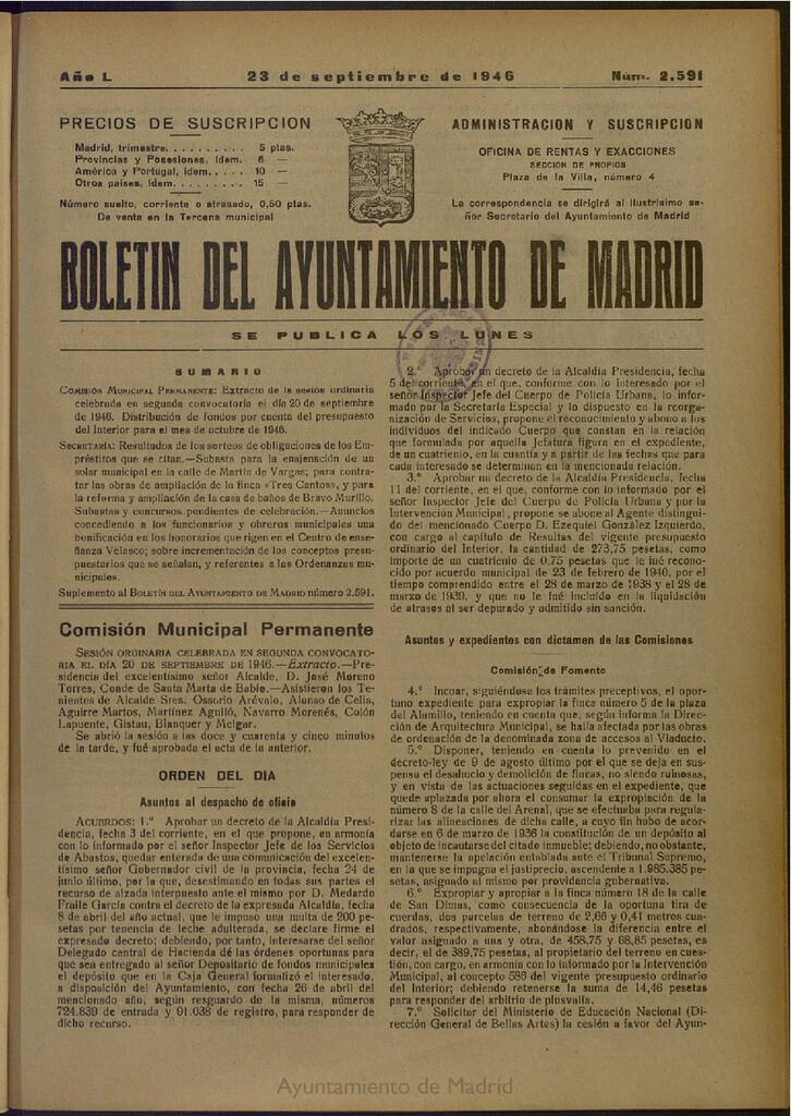 Miniatura de Boletín Oficial del Ayuntamiento de Madrid del 23 de septiembre de 1946, nº 2591
