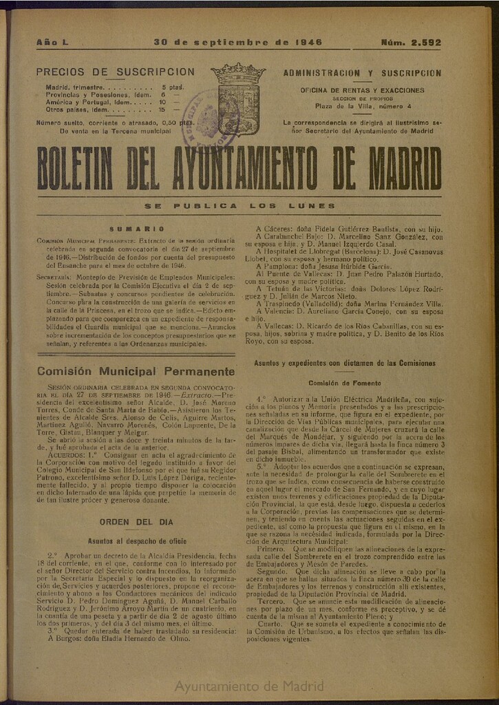 Miniatura de Boletín Oficial del Ayuntamiento de Madrid del 30 de septiembre de 1946, nº 2592