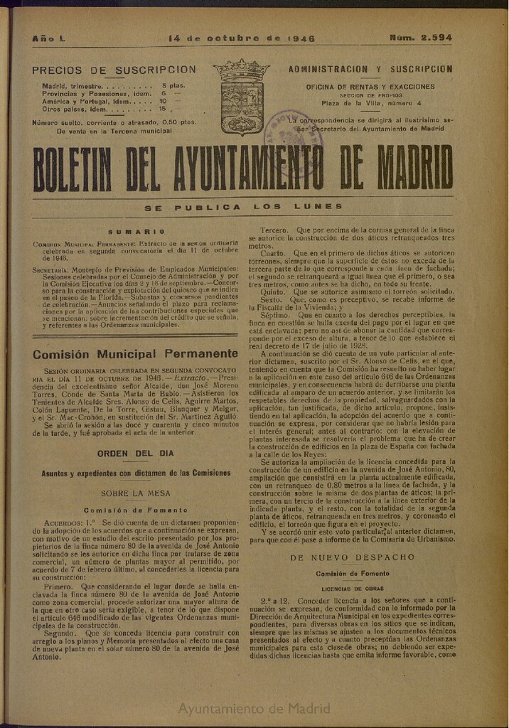Miniatura de Boletín Oficial del Ayuntamiento de Madrid del 14 de octubre de 1946, nº 2594