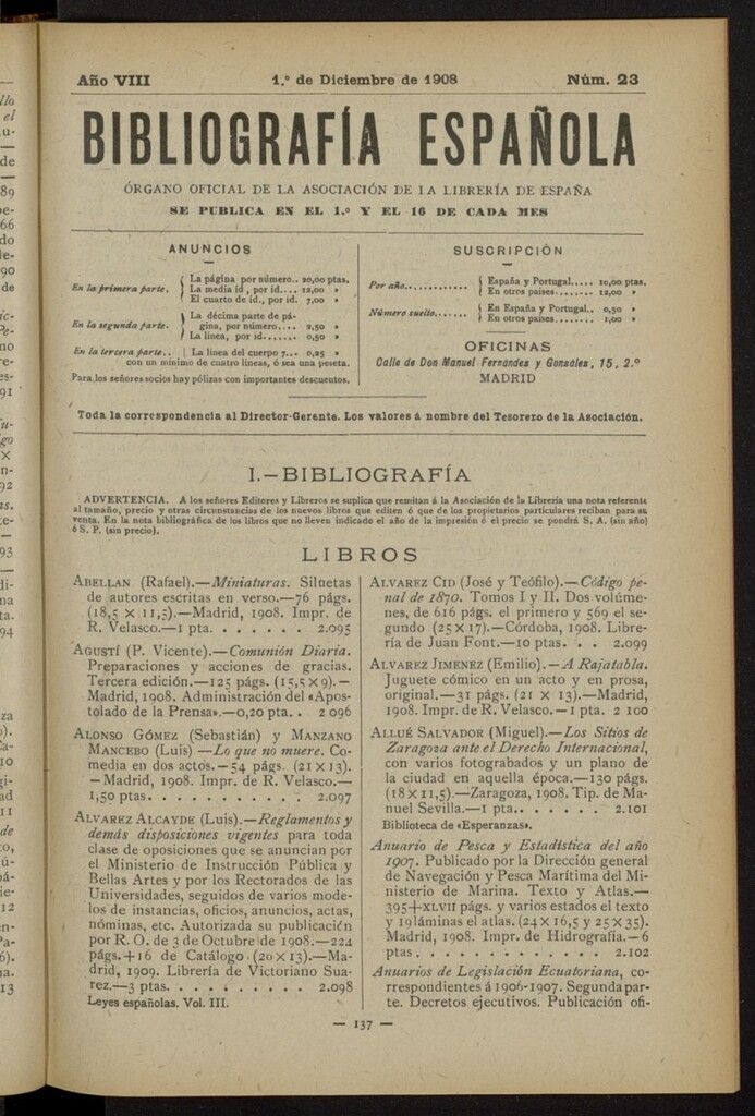 Miniatura de Bibliografía Española del 1 de diciembre de 1908