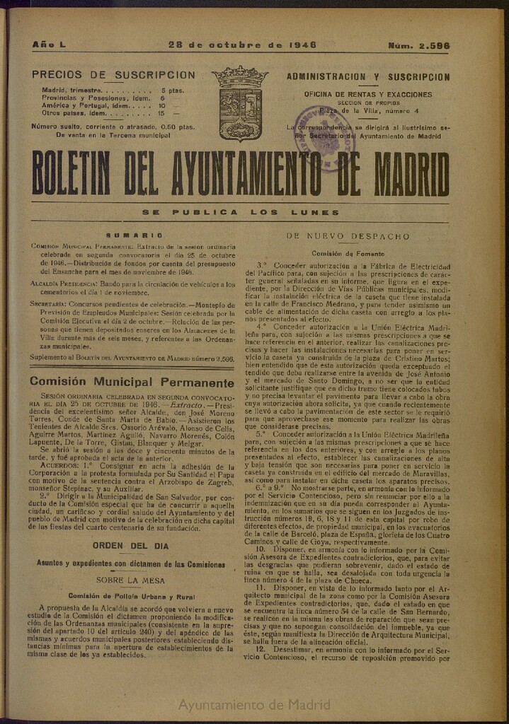Miniatura de Boletín Oficial del Ayuntamiento de Madrid del 28 de octubre de 1946, nº 2596