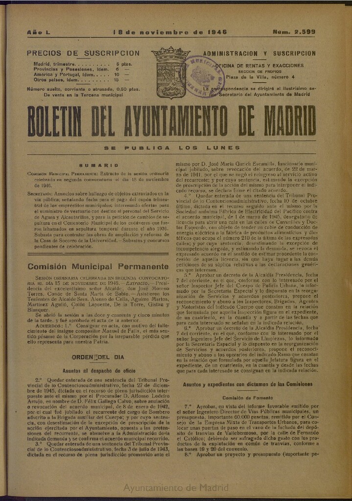 Miniatura de Boletín Oficial del Ayuntamiento de Madrid del 18 de noviembre de 1946, nº 2599