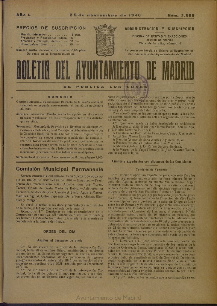 Miniatura de Boletín Oficial del Ayuntamiento de Madrid del 25 de noviembre de 1946, nº 2600