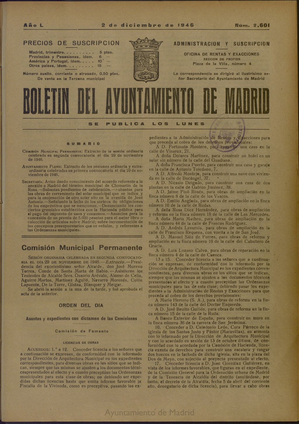 Miniatura de Boletín Oficial del Ayuntamiento de Madrid del 2 de diciembre de 1946, nº 2601