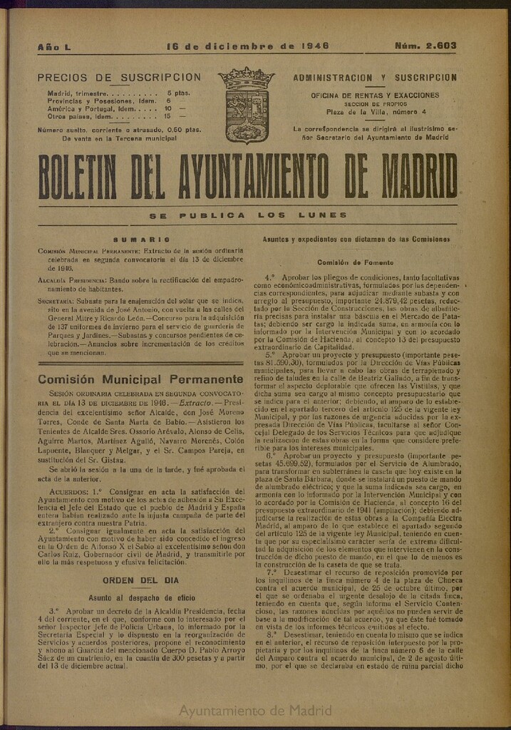 Miniatura de Boletín Oficial del Ayuntamiento de Madrid del 16 de diciembre de 1946, nº 2603