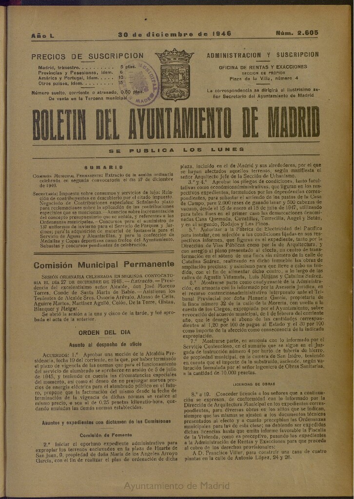 Miniatura de Boletín Oficial del Ayuntamiento de Madrid del 30 de diciembre de 1946, nº 2605