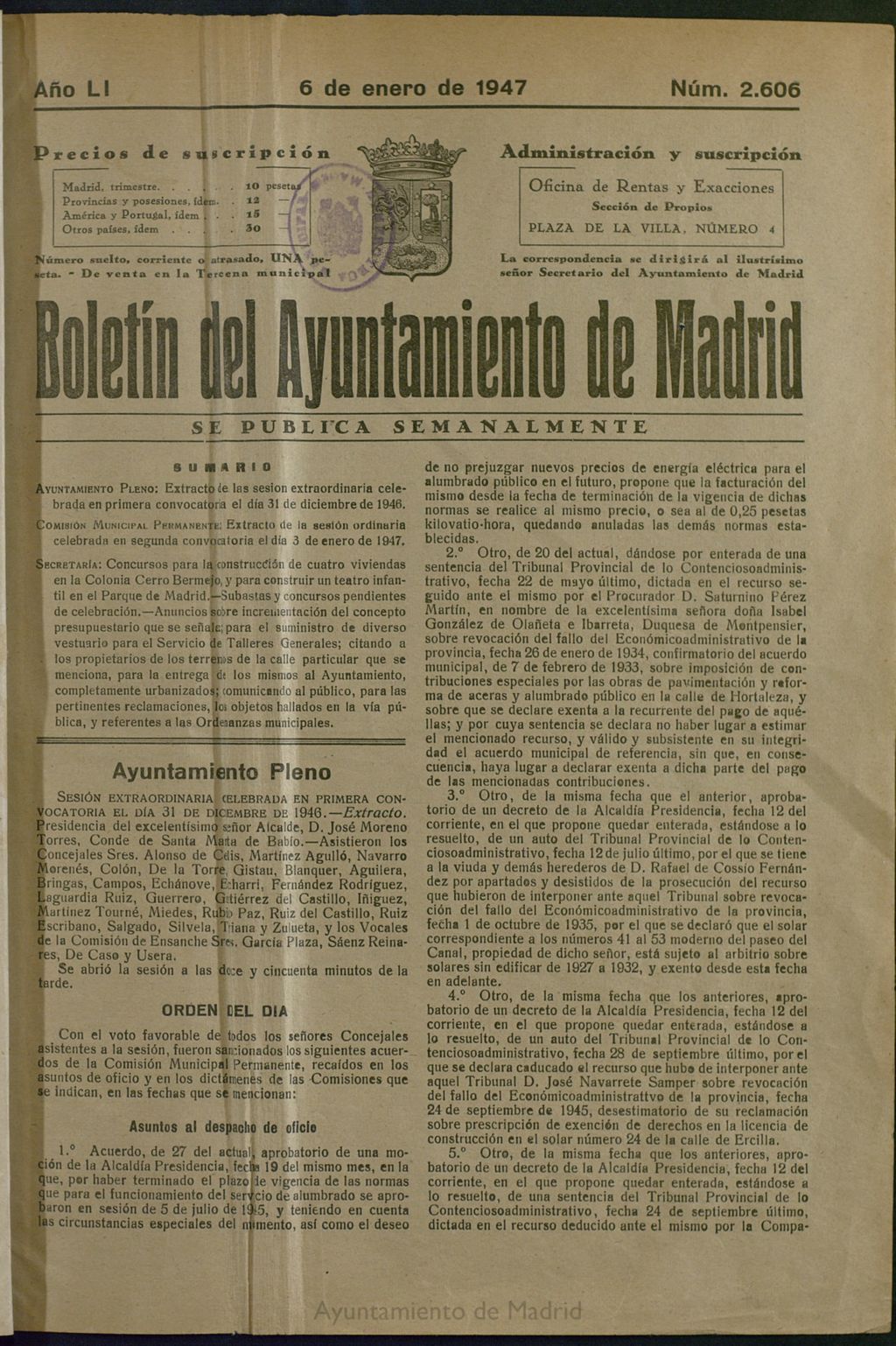 Miniatura de Boletín Oficial del Ayuntamiento de Madrid del 6 de enero de 1947, nº 2606