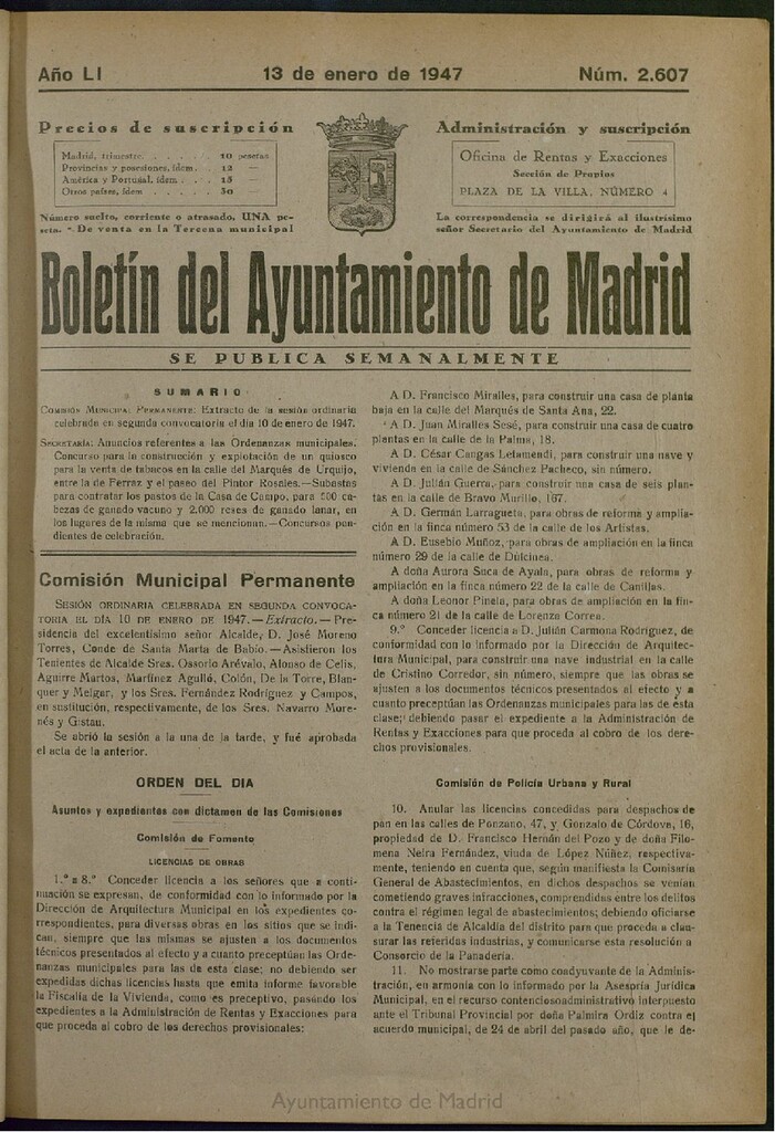 Miniatura de Boletín Oficial del Ayuntamiento de Madrid del 13 de enero de 1947, nº 2607