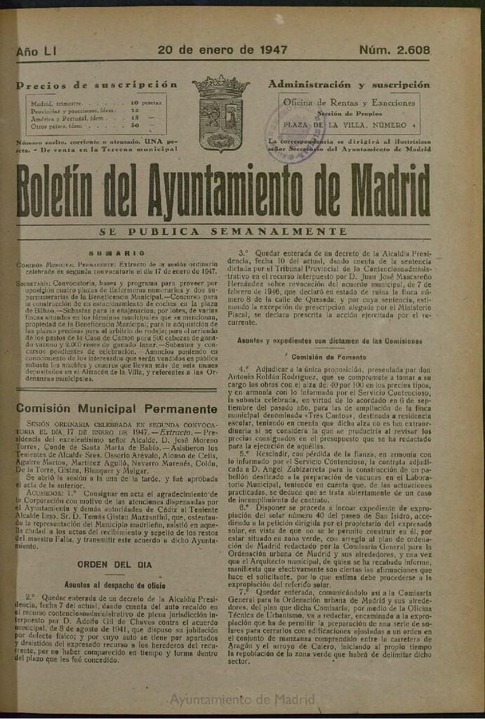 Miniatura de Boletín Oficial del Ayuntamiento de Madrid del 20 de enero de 1947, nº 2608