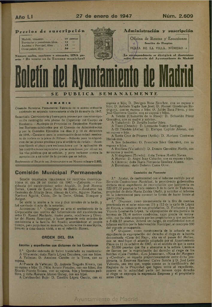 Miniatura de Boletín Oficial del Ayuntamiento de Madrid del 27 de enero de 1947, nº 2609