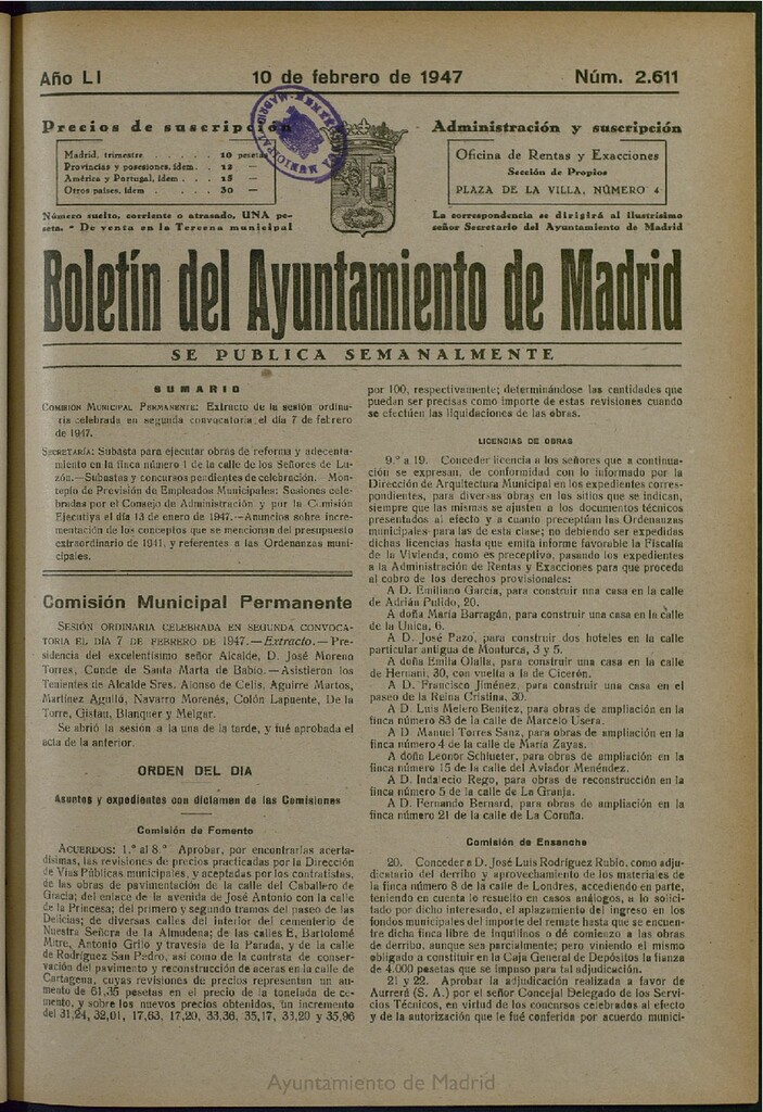 Miniatura de Boletín Oficial del Ayuntamiento de Madrid del 10 de febrero de 1947, nº 2611