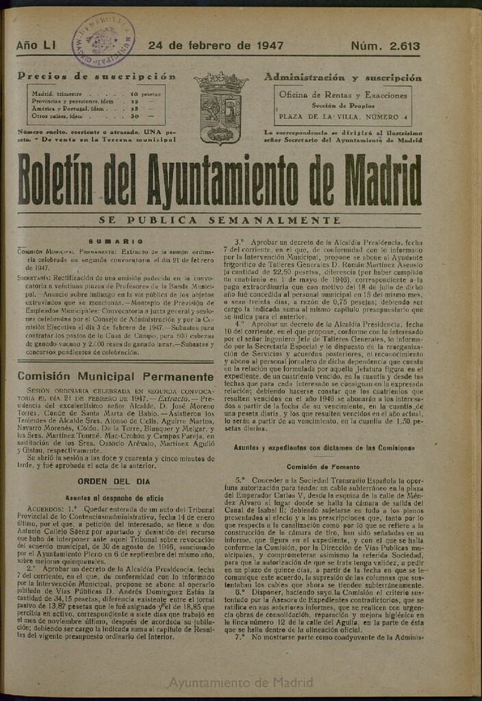 Miniatura de Boletín Oficial del Ayuntamiento de Madrid del 24 de febrero de 1947, nº 2613