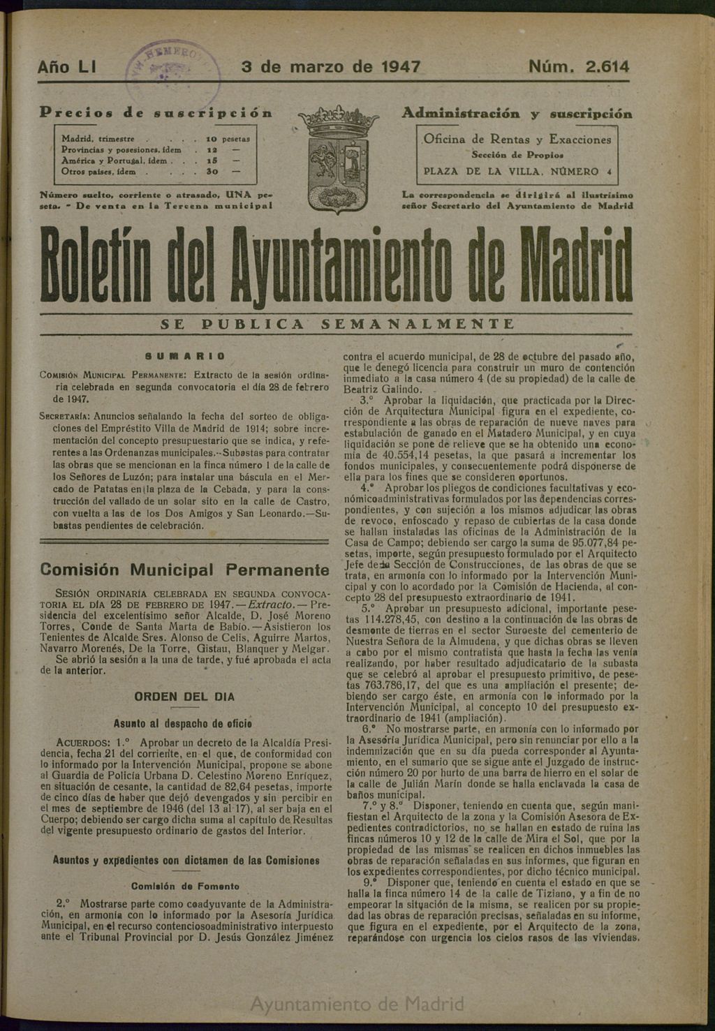 Miniatura de Boletín Oficial del Ayuntamiento de Madrid del 3 de marzo de 1947, nº 2614
