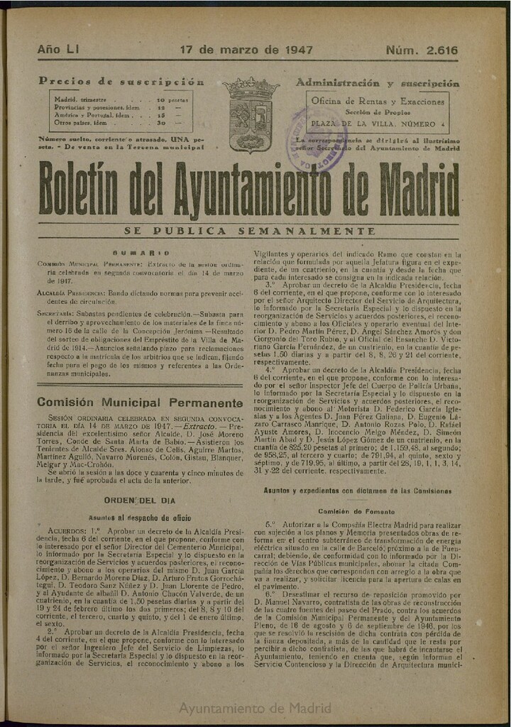 Miniatura de Boletín Oficial del Ayuntamiento de Madrid del 17 de marzo de 1947, nº 2616
