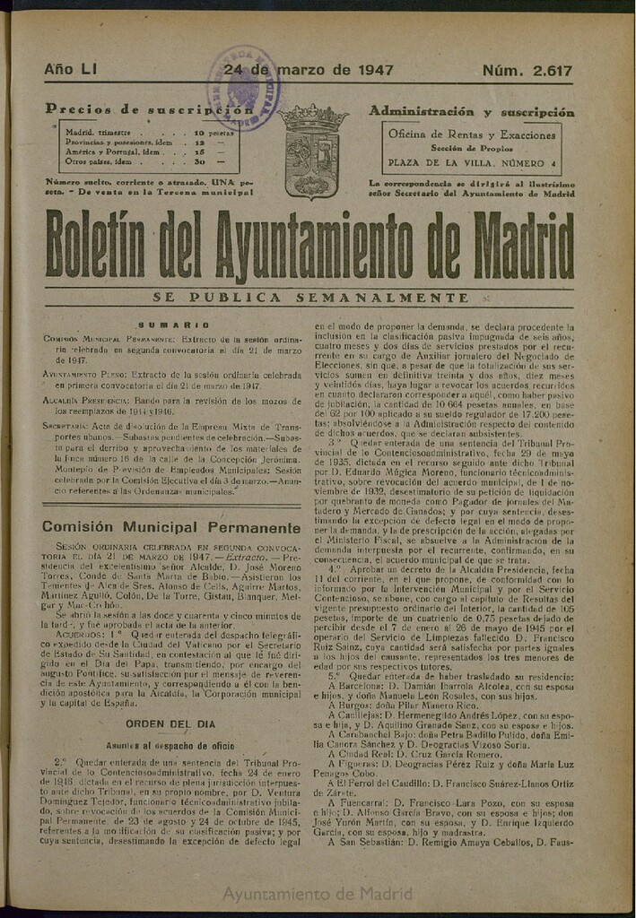 Miniatura de Boletín Oficial del Ayuntamiento de Madrid del 24 de marzo de 1947, nº 2617