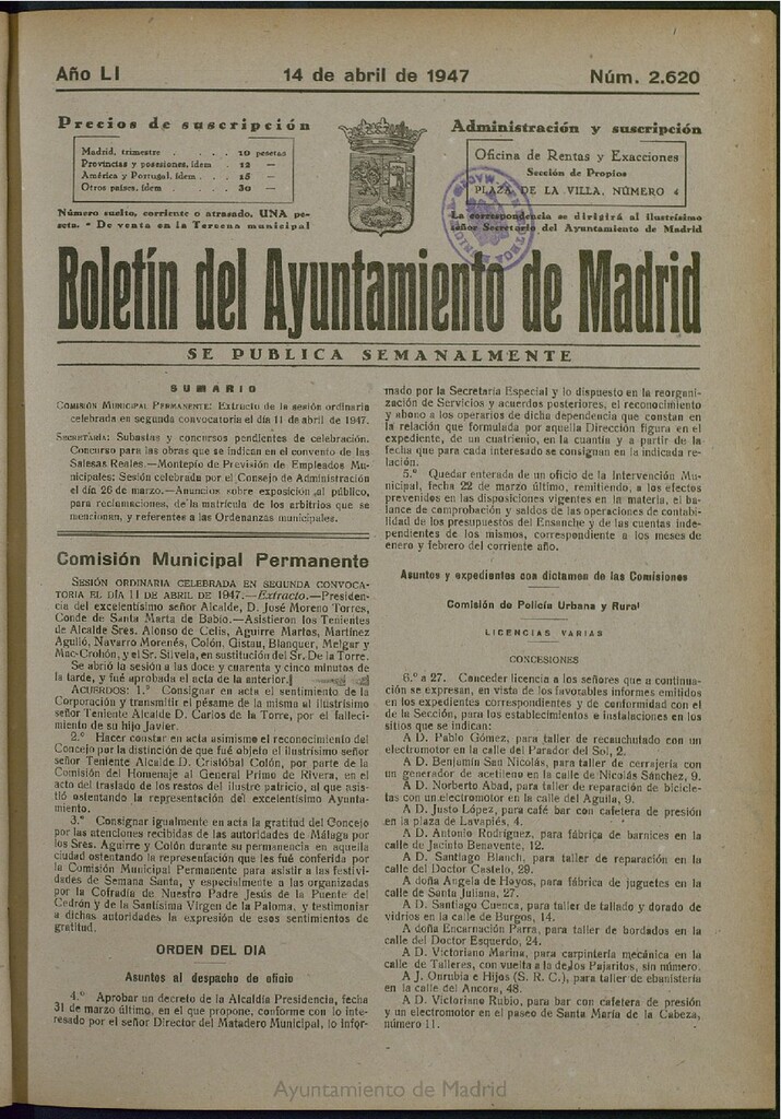 Miniatura de Boletín Oficial del Ayuntamiento de Madrid del 14 de abril de 1947, nº 2620