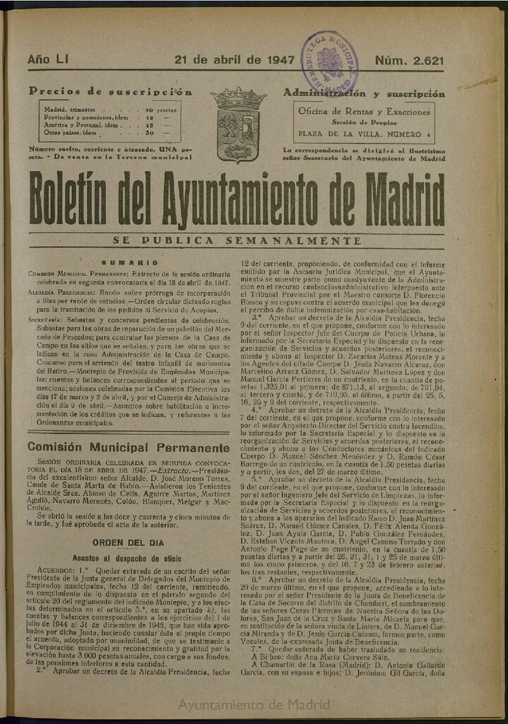 Miniatura de Boletín Oficial del Ayuntamiento de Madrid del 21 de abril de 1947, nº 2621