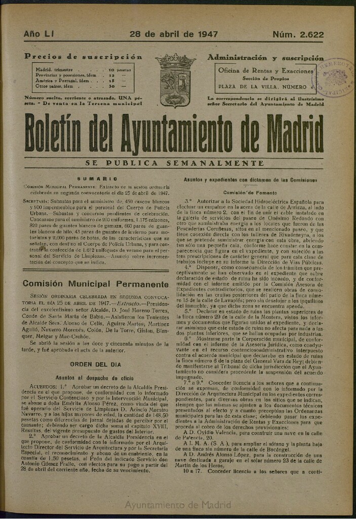 Miniatura de Boletín Oficial del Ayuntamiento de Madrid del 28 de abril de 1947, nº 2622