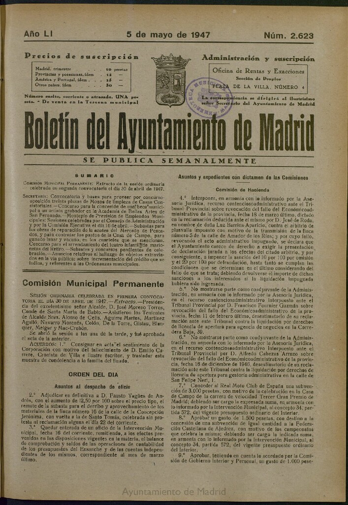 Miniatura de Boletín Oficial del Ayuntamiento de Madrid del 5 de mayo de 1947, nº 2623