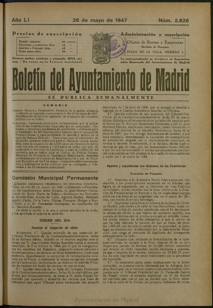 Miniatura de Boletín Oficial del Ayuntamiento de Madrid del 26 de mayo de 1947, nº 2626