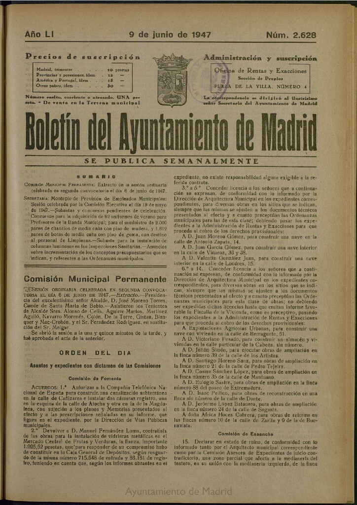 Miniatura de Boletín Oficial del Ayuntamiento de Madrid del 9 de junio de 1947, nº 2628