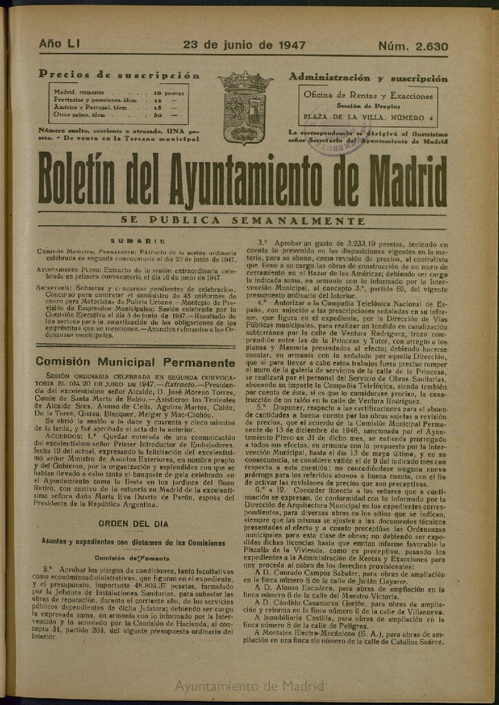 Miniatura de Boletín Oficial del Ayuntamiento de Madrid del 23 de junio de 1947, nº 2630