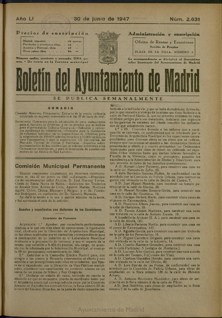 Miniatura de Boletín Oficial del Ayuntamiento de Madrid del 30 de junio de 1947, nº 2631