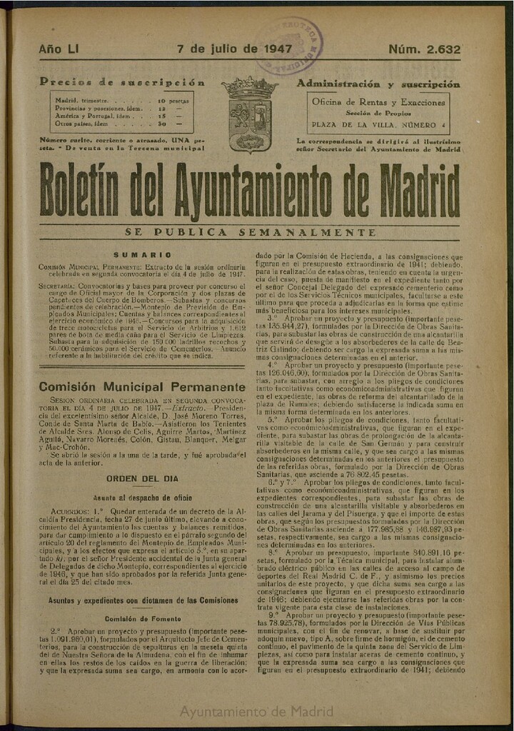 Miniatura de Boletín Oficial del Ayuntamiento de Madrid del 7 de julio de 1947, nº 2632