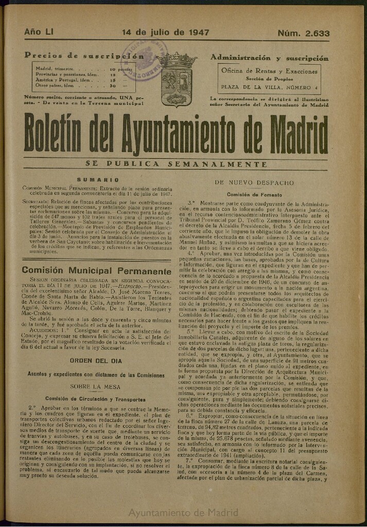 Miniatura de Boletín Oficial del Ayuntamiento de Madrid del 14 de julio de 1947, nº 2633