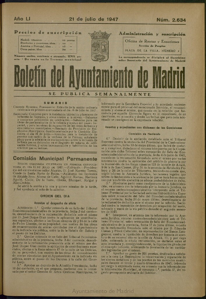 Miniatura de Boletín Oficial del Ayuntamiento de Madrid del 21 de julio de 1947, nº 2634