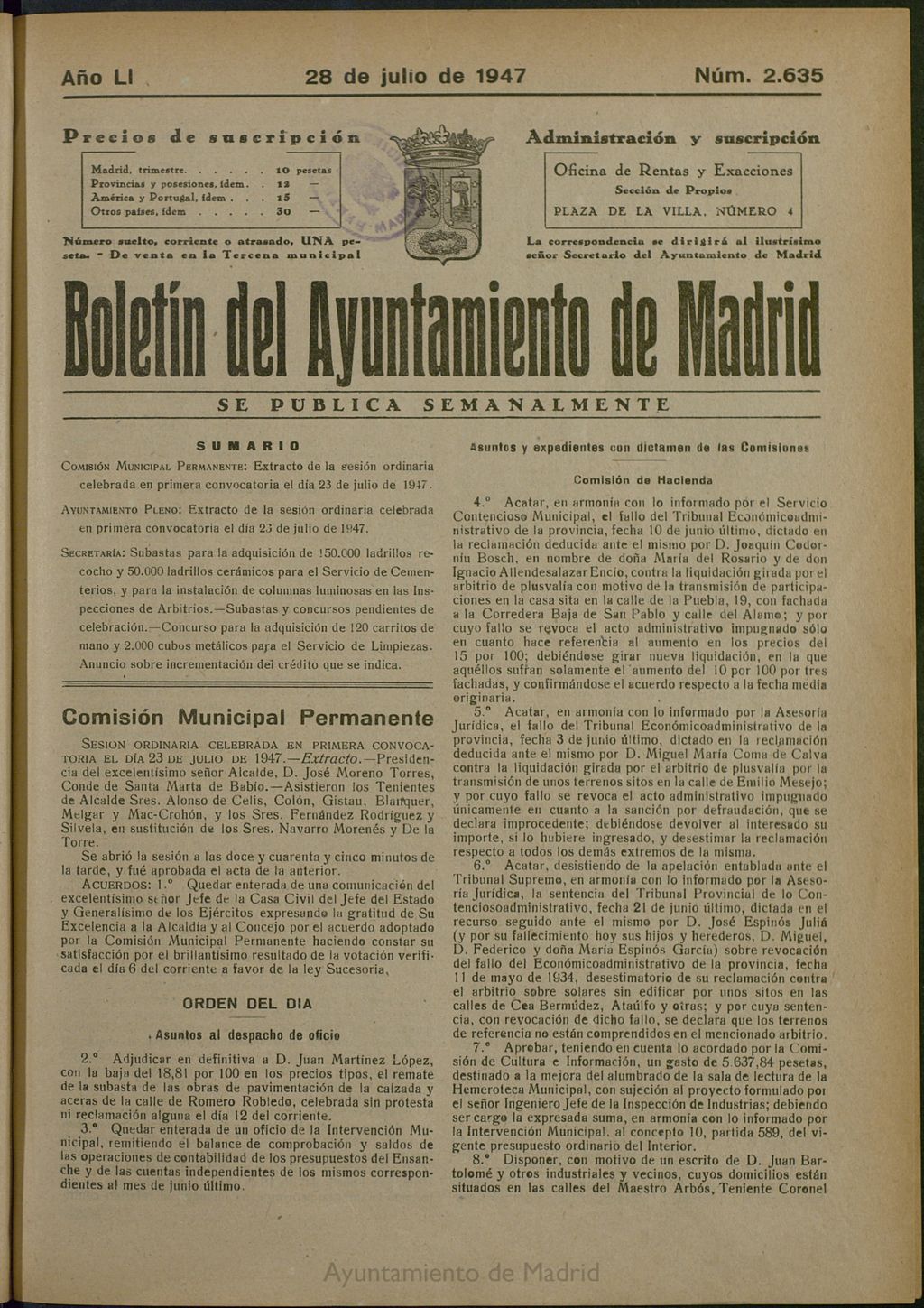 Miniatura de Boletín Oficial del Ayuntamiento de Madrid del 28 de julio de 1947, nº 2635