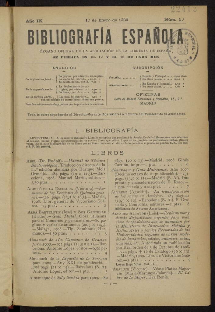 Miniatura de Bibliografía Española del 1 de enero de 1909