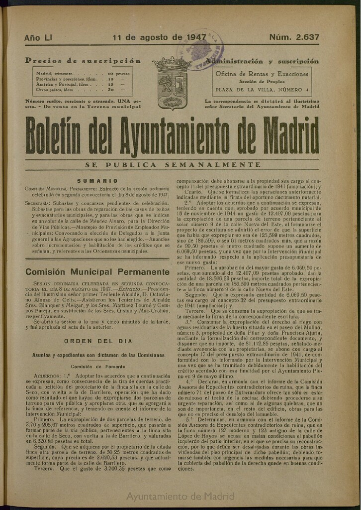 Miniatura de Boletín Oficial del Ayuntamiento de Madrid del 11 de agosto de 1947, nº 2637